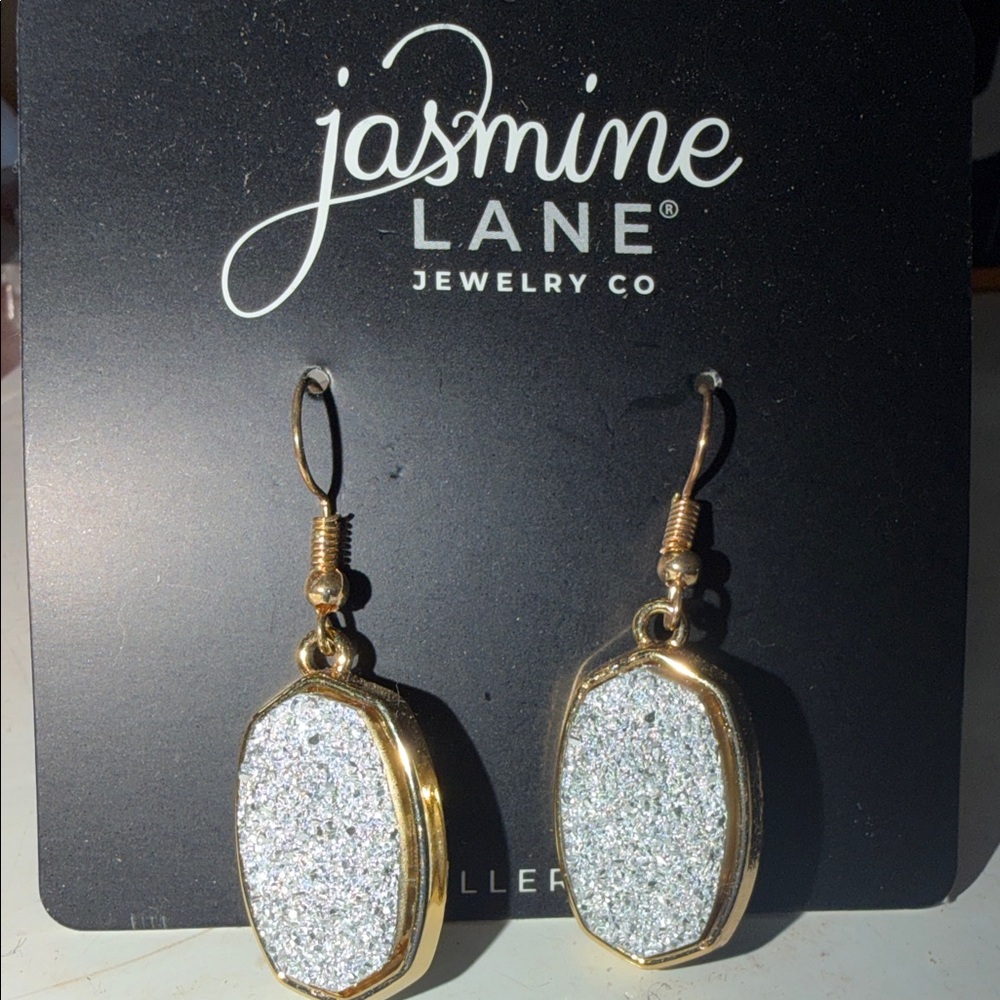 Jasmine Silver Druzy Gold-Trim Drop Earrings